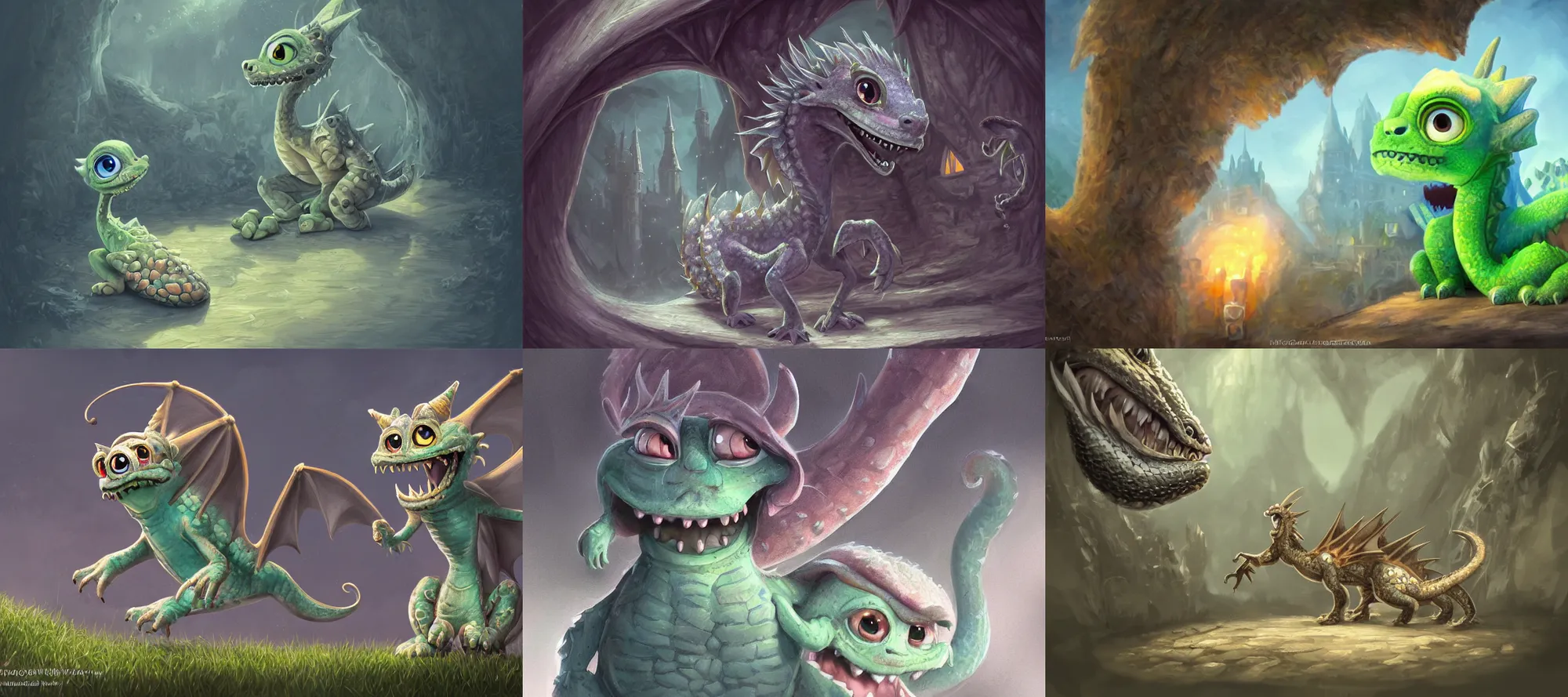 Prompt: very cute friendly small baby dragon with a diamond collar outside the castle, monsters inc, gentle, intricate, elegant, highly detailed, digital painting, art station, concept art, matte, sharp focus, illustration,