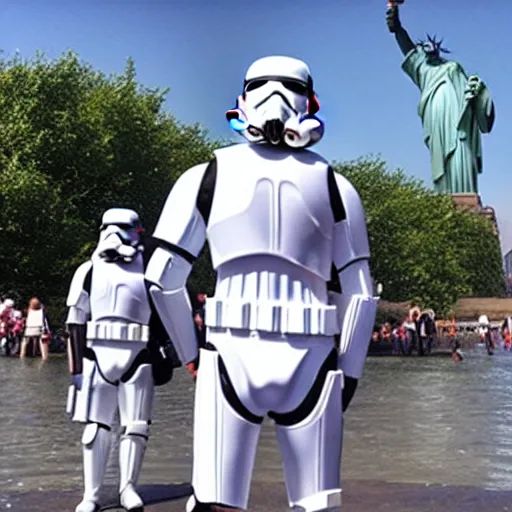 Image similar to storm troopers standing on top of the statue liberty in new york