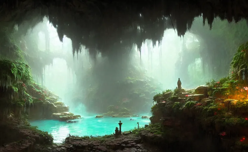 Image similar to painting of an interior of a hidden hotspring in a cave, fantasy, lush plants and flowers, natural light, concept art, by greg rutkowski and craig mullins, cozy atmospheric and cinematic lighting, trending on artstation