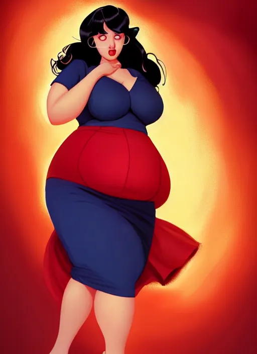 Image similar to full body portrait of teenage veronica lodge, obese, bangs, sultry, realistic, sultry smirk, wavy hair, red skirt, fat, belly, intricate, elegant, glowing lights, highly detailed, digital painting, artstation, concept art, smooth, sharp focus, illustration, art by wlop, mars ravelo and greg rutkowski