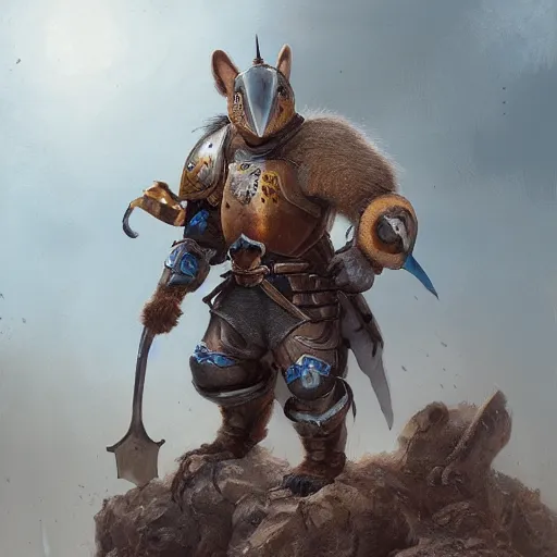 Prompt: a squirrel warrior dressed with a knight armor, Justin Gerard and Greg Rutkowski, realistic painting, Digital art, very detailed, High definition, trending on Artstation