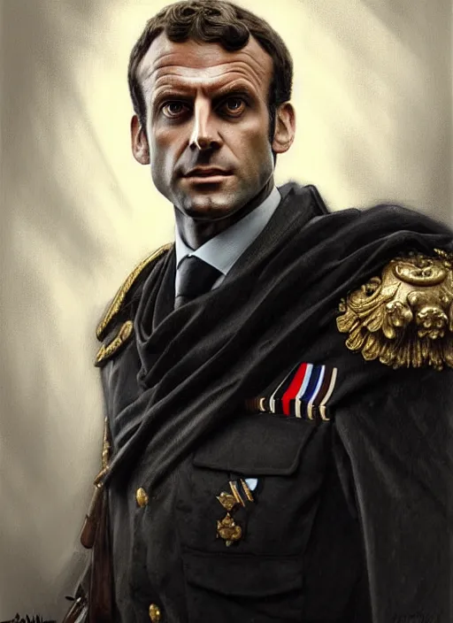 Prompt: portrait of stoic looking emmanuel macron as in the vigo carpathian painting, full body, military uniform, fantasy, intricate, elegant, beautiful, highly detailed, charcoal, centered, dark, smokey, digital painting, artstation, concept art, smooth, sharp focus, illustration, art by artgerm and greg rutkowski and alphonse mucha