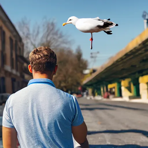 Prompt: Seagull perched on the head of a man riding an electric scooter