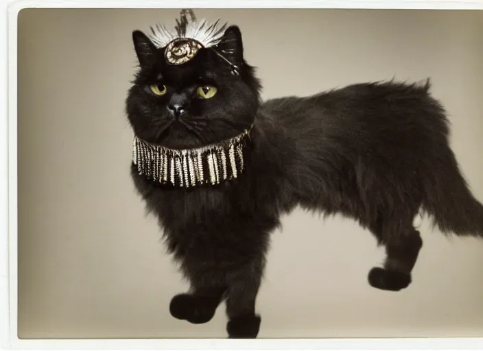 Image similar to polaroid photograph of black persian cat staring contemptuously at people as a mesolithic shaman wearing a headdress