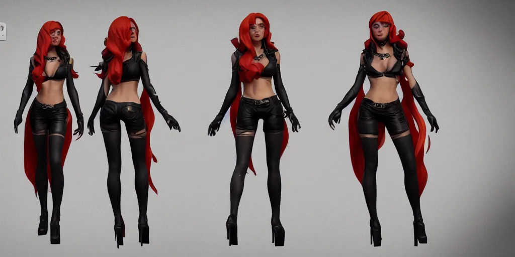 Prompt: Character sheet of coven miss fortune (League of Legends). 3d render, octane render, game art, realistic, highly detailed, trending on artstation, 4k, trending on artstation, pixar, cgsociety, unreal engine 5, redshift render, trending on artstation, blender, behance, cg