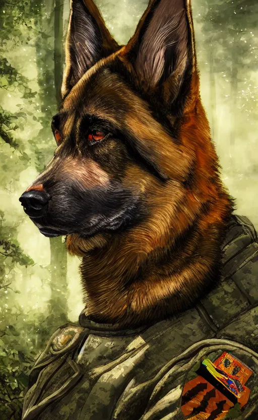 Image similar to close up character portrait icon of the german shepard beast - man military uniform head animal person wearing clothes standing in the bright forest, hidari, color page, tankoban, 4 k, tone mapping, akihiko yoshida