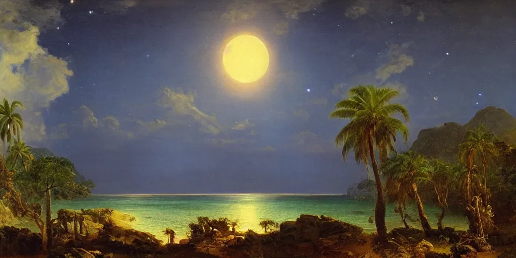 Prompt: a beautiful landscape painting of a tropical island with waterfall and palm trees, night time moonlight, by frederic edwin church, oil on canvas, highly detailed, hd, 4 k