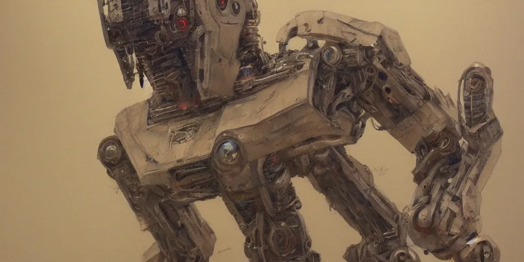 Prompt: a screamed painting of robot by alan lee, trending on artstation
