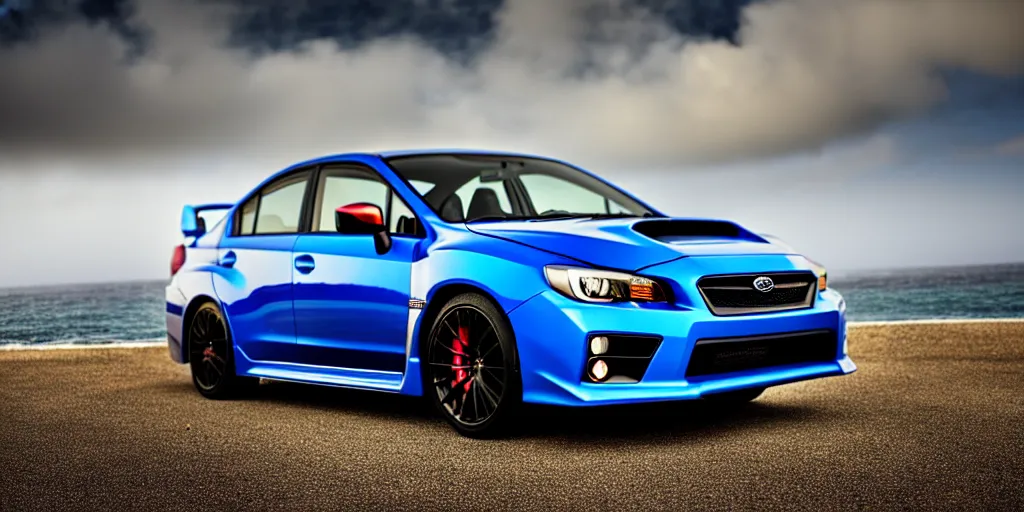 Prompt: photograph, 2013 Subaru WRX STi, hatchback, cinematic, california coast, ocean view, 8k, depth of field, bokeh.