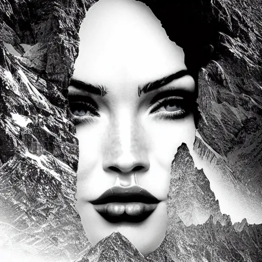 Image similar to double - exposure effect of megan fox face as beautiful mountains, in the style of dan mountford, amazing detail, black and white