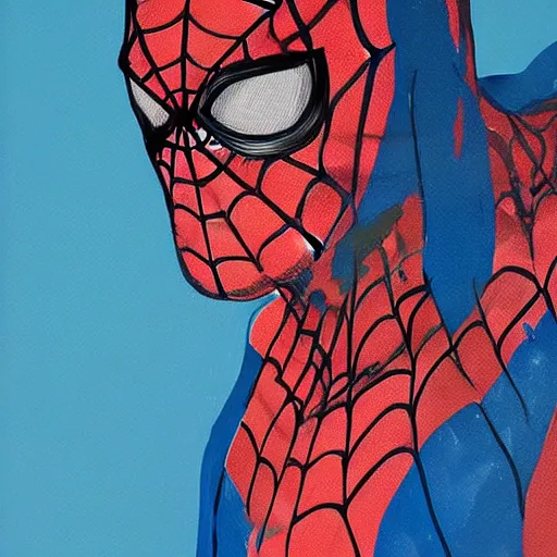 Prompt: Spiderman painted by Conrad Roset and Edward Hopper, detailed brushstrokes