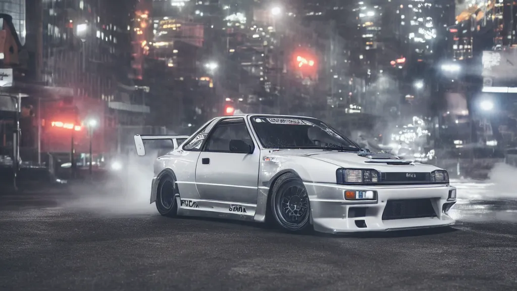 Image similar to takumi fujiwara's toyota ae 8 6 takumi fujiwara's toyota ae 8 6, cinematic, nikon d 7 5 0, long exposure, white balance, 8 k, led, lumen global illumination, fog, ray tracing reflections, fxaa, rtx, post - production