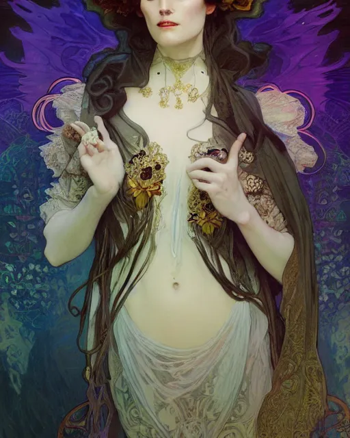 Image similar to alfons mucha and wlop detailed portrait digital rococo painting of a beautiful serious villainess wearing fantasy clothing like liliana vess, villainess has black angel wings, evil mood, hellish battlefield in the background, unreal engine, embers flying, hyper realism, realistic shading, cinematic composition, blender render, octane render, ultrawide shot