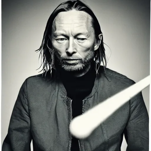 Prompt: old aged Thom Yorke, Radiohead singer Thom Yorke, holding the moon upon a stick, with a beard and a black jacket, a portrait by John E. Berninger, dribble, neo-expressionism, uhd image, studio portrait, 1990s