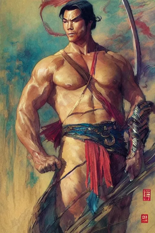 Prompt: wuxia, attractive beefy man, character design, colorful, painting by gaston bussiere, craig mullins, j. c. leyendecker, tom of finland