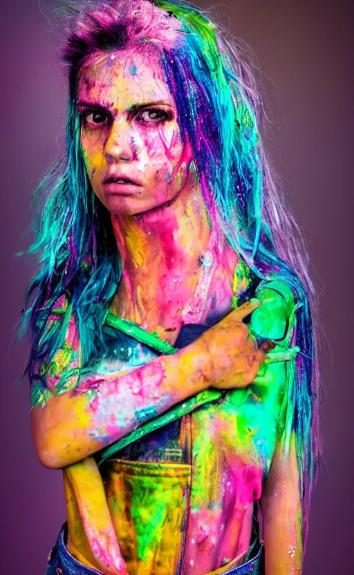 Image similar to grungy woman, rainbow hair, soft eyes and narrow chin, dainty figure, wet t-shirt, torn overalls, skimpy shorts, covered in neon paint, luminescent, dark, dramatic, cinematic, Sony a7R IV, symmetric balance, polarizing filter, Photolab, Lightroom, 4K, Dolby Vision, Photography Award