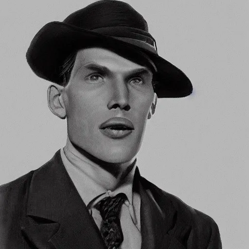 Image similar to A photograph portrait of Jerma985 wearing a suit with and fedora in the 1940s, taken in the early 1940s, grainy, taken on a 940s Kodak Camera, realistic, hyperrealistic, very realistic, highly detailed, very detailed, extremely detailed, detailed, digital art, trending on artstation