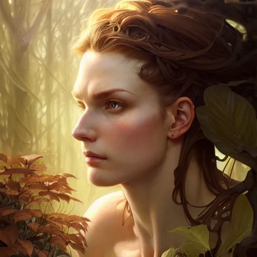 Image similar to portrait of forest gog, female, clear face, masculine, upper body, muscular, fantasy, intricate, elegant, highly detailed, digital painting, artstation, concept art, matte, sharp focus, illustration, art by artgerm and greg rutkowski and alphonse mucha