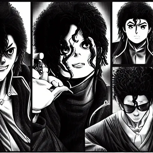 Image similar to manga panel of michael jackson in the style of kentaro miura, 8 k, 4 k, masterpiece, trending on artstation