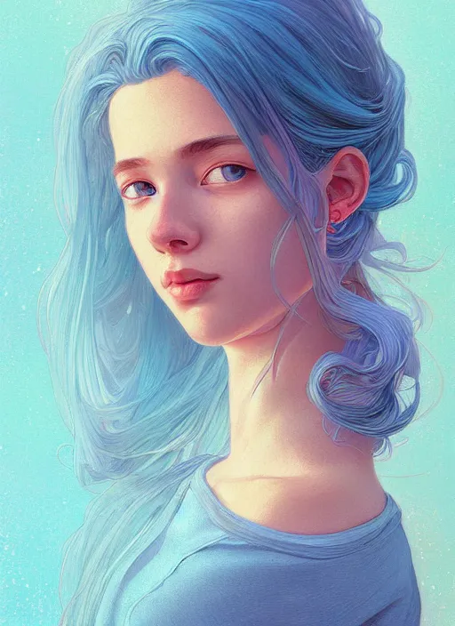 Image similar to handsome young women with shoulder length light blue hair, half body shot, path traced, highly detailed, high quality, digital painting, alena aenami, lilia alvarado, shinji aramaki, karol bak, alphonse mucha, tom bagshaw