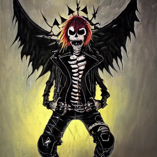 Image similar to a portrait of the grim reaper as a punk rocker, punk, skeleton face, mohawk, dark, fantasy, leather jackets, spiked collars, spiked wristbands, piercings, boots, electric guitars, motorcycles, ultrafine detailed painting by frank frazetta and vito acconci and virgil finlay and takeshi obata, death note style, detailed painting