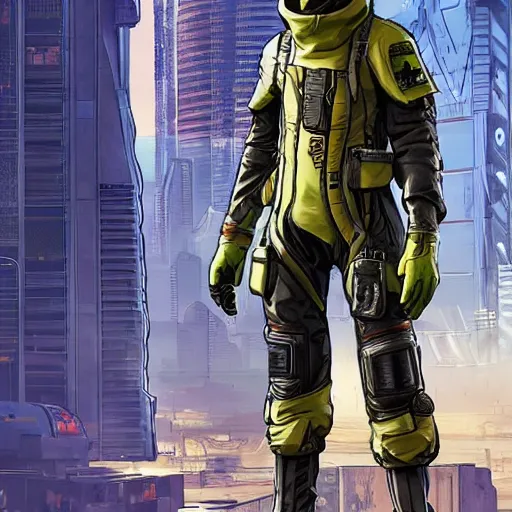 Image similar to Hosea. Apex legends cyberpunk pilot in jumpsuit. Concept art by James Gurney and Mœbius.