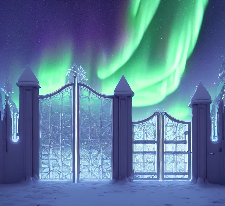 Image similar to a very detailed concept art of intricate and minimalistic gates to aurora borealis, trending on artstation, symmetry, digital art, 4 k, hyper realistic, octane render, sharp focus
