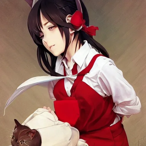 Image similar to beatiful woman wearing cat ears with big sack, and a little boy wearing white shirt and red tie, anime key visual, intricate, stunning, highly detailed, digital painting, artstation, smooth, hard focus, illustration,, art by artgerm and greg rutkowski and alphonse mucha