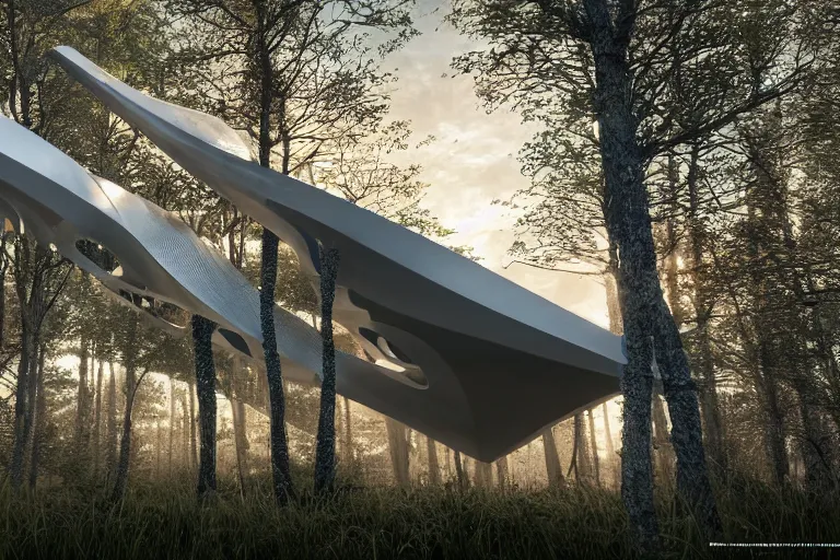 Prompt: extremely detailed sculpture designed by Zaha Hadid in a forest, stunning volumetric light, sunset, metal, concrete and translucent material, stunning skies, trending on Artstation, 8k, photorealistic, hyper detailed, unreal engine 5, IMAX quality, cinematic, epic lighting, in the style of Greg Rutkowski