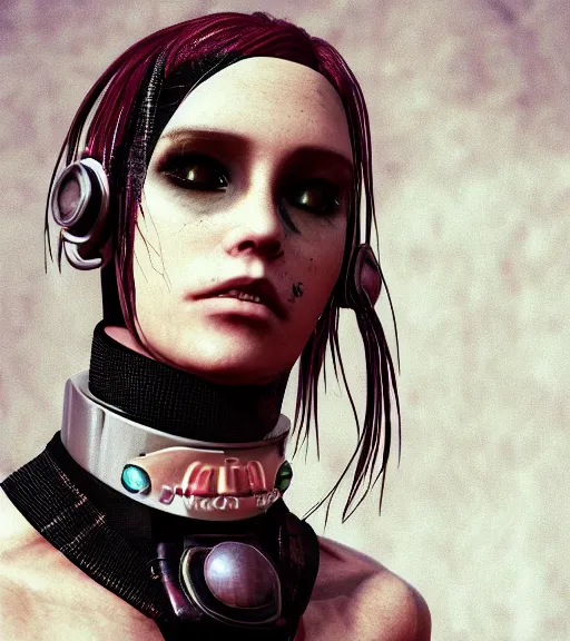 Image similar to detailed realistic female character cyberpunk wearing thick steel collar around neck, realistic, art, beautiful, 4K, collar, choker, collar around neck, punk, artstation, detailed, female, woman, choker, cyberpunk, neon, punk, collar, choker, collar around neck, thick collar, tight around neck, punk,