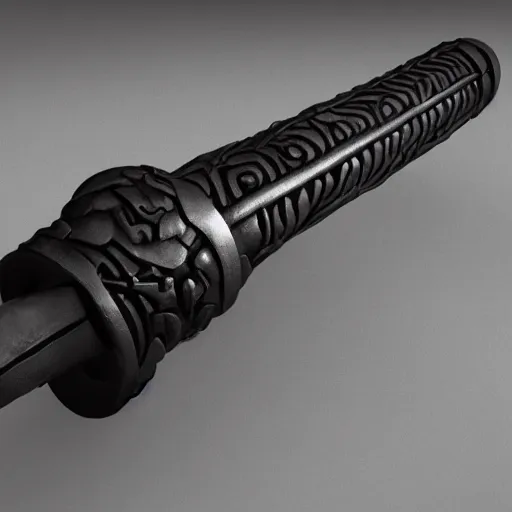 Image similar to a black sword skull handle, ornament, weapon, a 3 d render by dom qwek, studio lighting, raytracing, trending on polycount, futurism, hard surface modeling, rendered in maya, 3 ds max, blender, artstation hd, vray