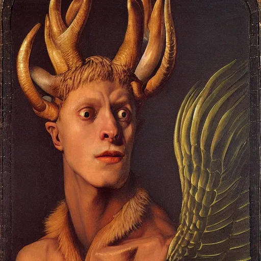 Prompt: a demonic eagle-eyed faun Jan Van eyck john steuart curry