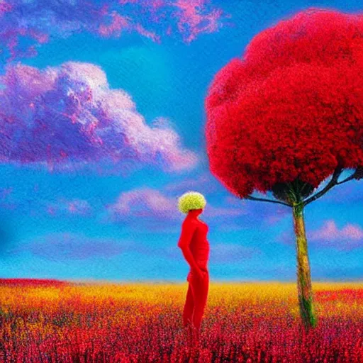 Image similar to giant red flower afro, full body, girl standing in the middle of a field with flowers, surreal photography, hills, sunrise dramatic light, impressionist painting, colorful clouds, digital painting, pointillism, artstation, simon stalenhag