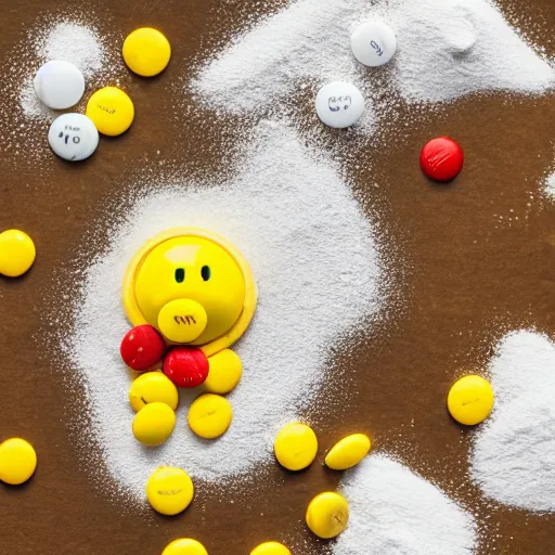 Prompt: yellow m & m holding bag of white powder