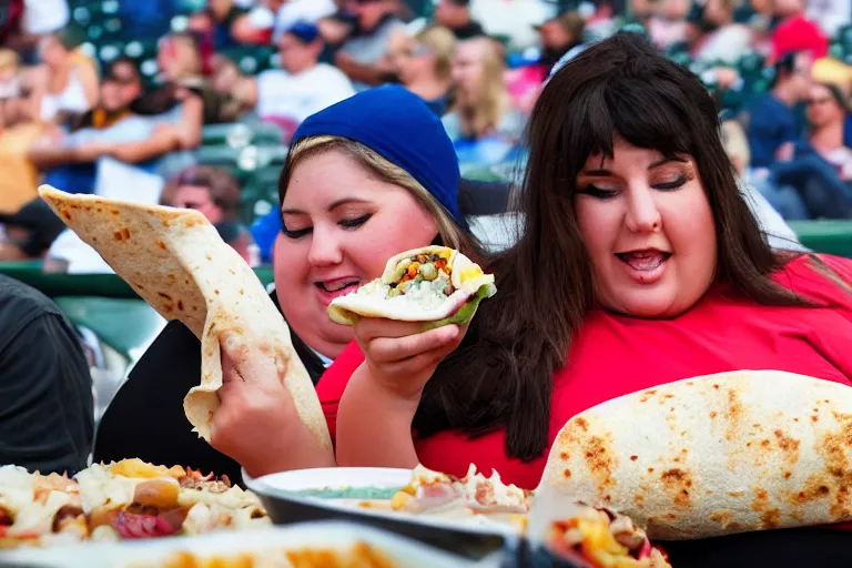 Image similar to obese woman eating a giant burrito sitting at a baseball game, photograph,