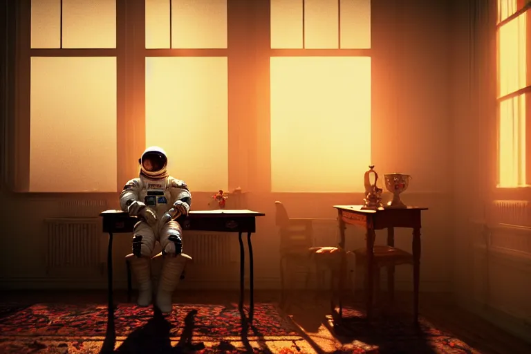 Prompt: a single cosmonaut in a spacesuit drinks a steaming cup of tea at an old wooden desk in a richly decorated Victorian house. the autumn light comes in through a window and dimly illuminates the room, diffuse light, octane render,