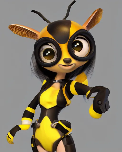 Image similar to female bumblebee mini cute style, highly detailed, rendered, ray - tracing, cgi animated, 3 d demo reel avatar, style of maple story and zootopia, maple story gun bumblebee girl, bee chibi, soft shade, soft lighting