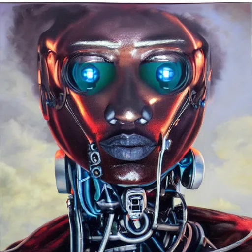 Image similar to a realistic oil painting of a black man as a cybernetic cyborg, surrealism portrait, surrealism album cover