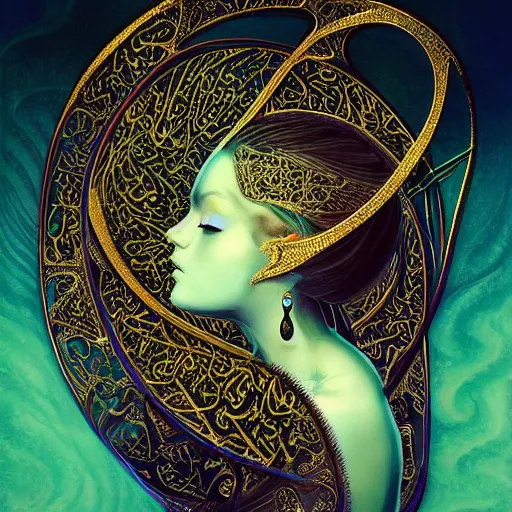 Prompt: psytrance, golden ratio, perfect , arabian calligraphy, arabian art, oil painting , ancient , majestic , beautiful, Neo-Gothic concept, infinity glyph waves, intricate artwork masterpiece, very coherent artwork, cinematic, arabian calligraphy features by Artgerm, Takato Yamamoto, Zdizslaw Beksinski, Johnatan Wayshak, Moebius, H.R. Giger, Ayami Koj ima, very coherent artwork, trending on cgsociety, ultra high quality model, production quality cinema model, high detail chromatic ink outline, octane render, unreal engine, 8k mandelbulber fractal, hyper reali sm, high detail, octane render, unreal engine 8k, High contrast, highly detailed black ink outline