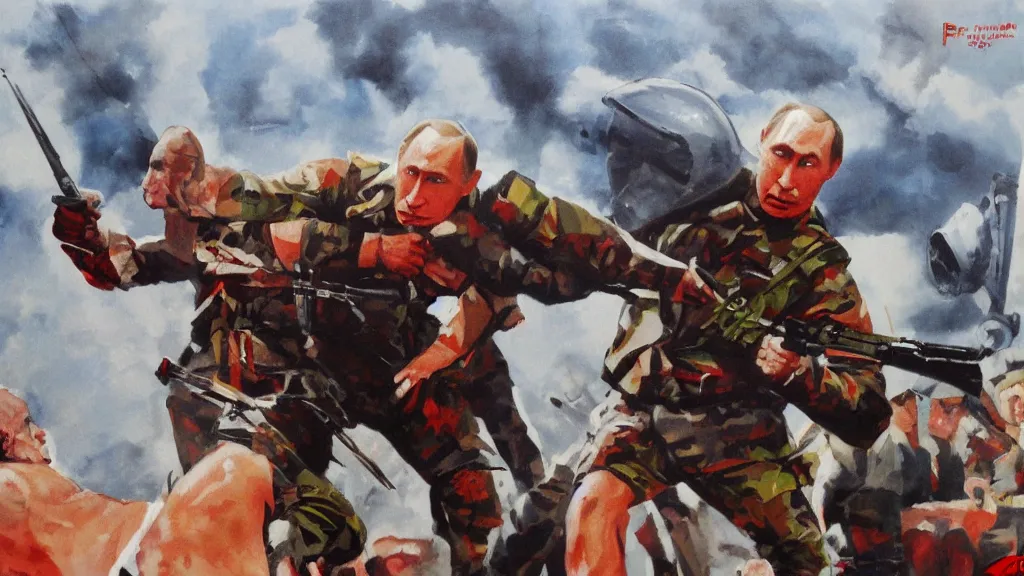 Prompt: Vladimir Putin fights against Covid-19. Paint by Peter fon Gess