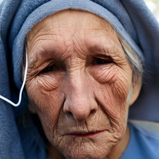 Image similar to an old woman with oxygen line connected to her nose