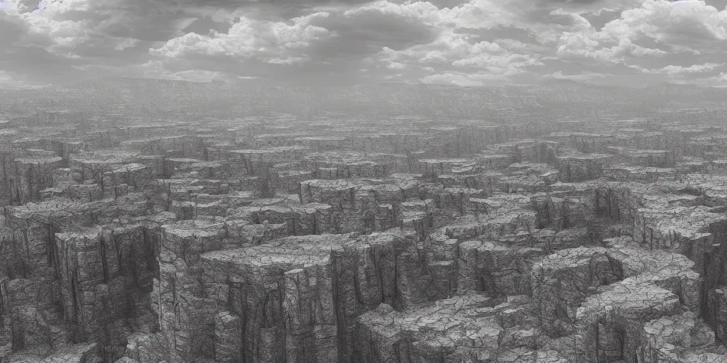 Prompt: a highly detailed matte painting of stark arizona new mexico plateau and cliffs, grayscale, featured on artstation