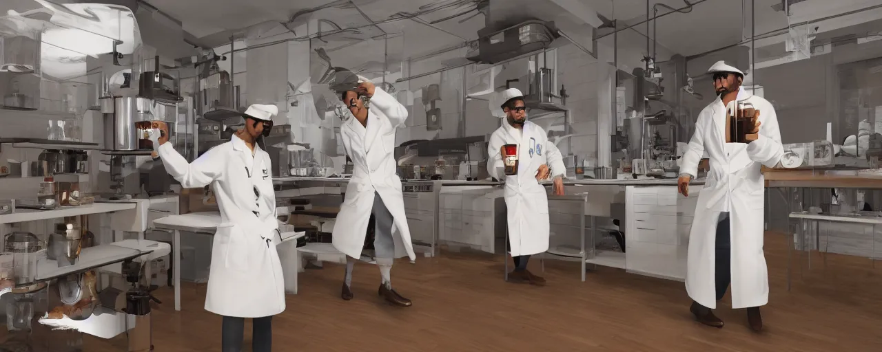 Image similar to a hyper complex drip coffee maker in the 1 9 7 0 s era kitchen, a coffee scientist dressed in a lab coat taste testing the coffee hownosm and james jean, ultimate collab, epic, unreal engine 5, coming to life popping out of the wall 3 d, h 6 4 0