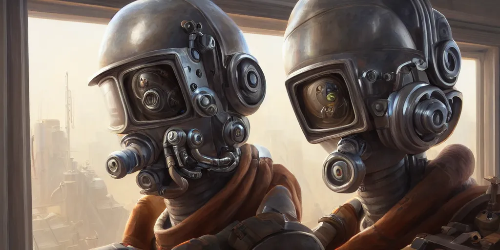 Image similar to highly detailed portrait painting of welder, window, perfect symmetrical eyes, bionical prosthesis, by eddie mendoza and tyler edlin, 8 k resolution