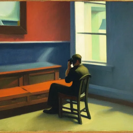 Image similar to a dark edward hopper oil painting of a man playing video games