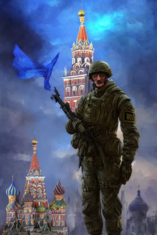 Image similar to special forces soldier raising ukrainian blue and yellow flag, kremlin st. basil cathedral in the background, masculine figure, d & d, fantasy, bright atmosphere, volumetric lights, intricate, elegant, extremely detailed, digital painting, artstation, concept art, matte, smooth, sharp focus, hyper realistic, illustration, art by artgerm and greg rutkowski and alphonse mucha