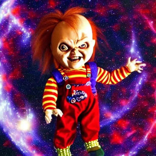 Image similar to Chucky the killer doll flying through the cosmos, psychedelic lighting