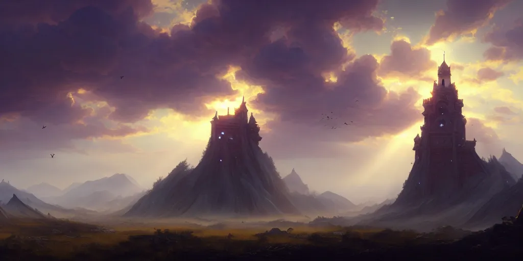 Image similar to a beautiful fantasy landscape, medieval tower, majestic, god rays, silhouette of a flock of birds in the sky, extremely detailed digital painting, in the style of fenghua zhong and ruan jia and jeremy lipking and peter mohrbacher, mystical colors, rim light, beautiful lighting, 8 k, stunning scene, raytracing, octane, trending on artstation