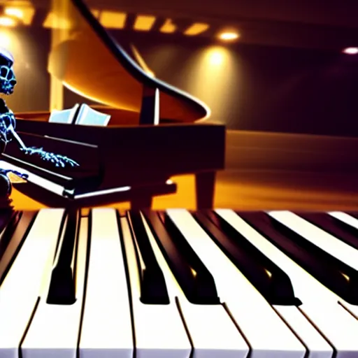 Image similar to a cyborg playing the piano in a futuristic apartment, award winning art, 4k, highly detailed, sharp focus, cinematic lighting, smooth