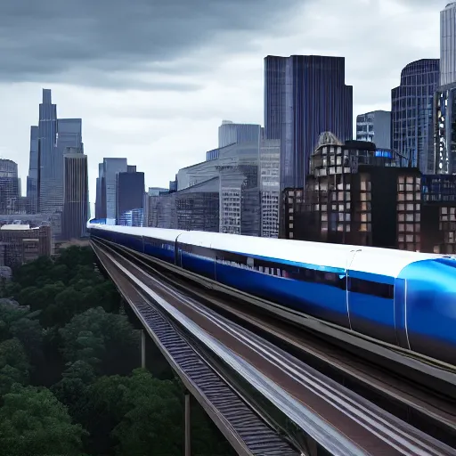 Image similar to a maglev train running high above the streets of minneapolis, render, photo, 4k, ultrarealistic, unreal maya